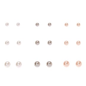9 Pack White, Grey, &amp; Pink Faux Pearl Graduated Stud Earrings,