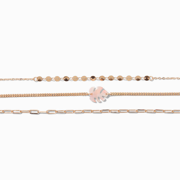 Pink Leaf Gold Beaded Chain Bracelets - 5 Pack,