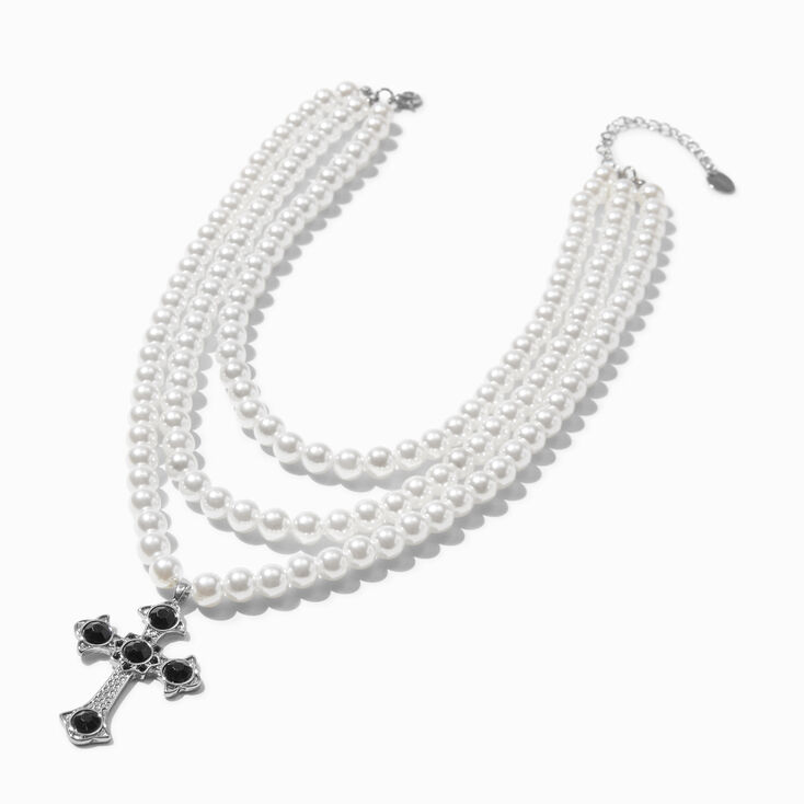 Pearl &amp; Silver-tone Cross Pendant Multi-Strand Necklace,