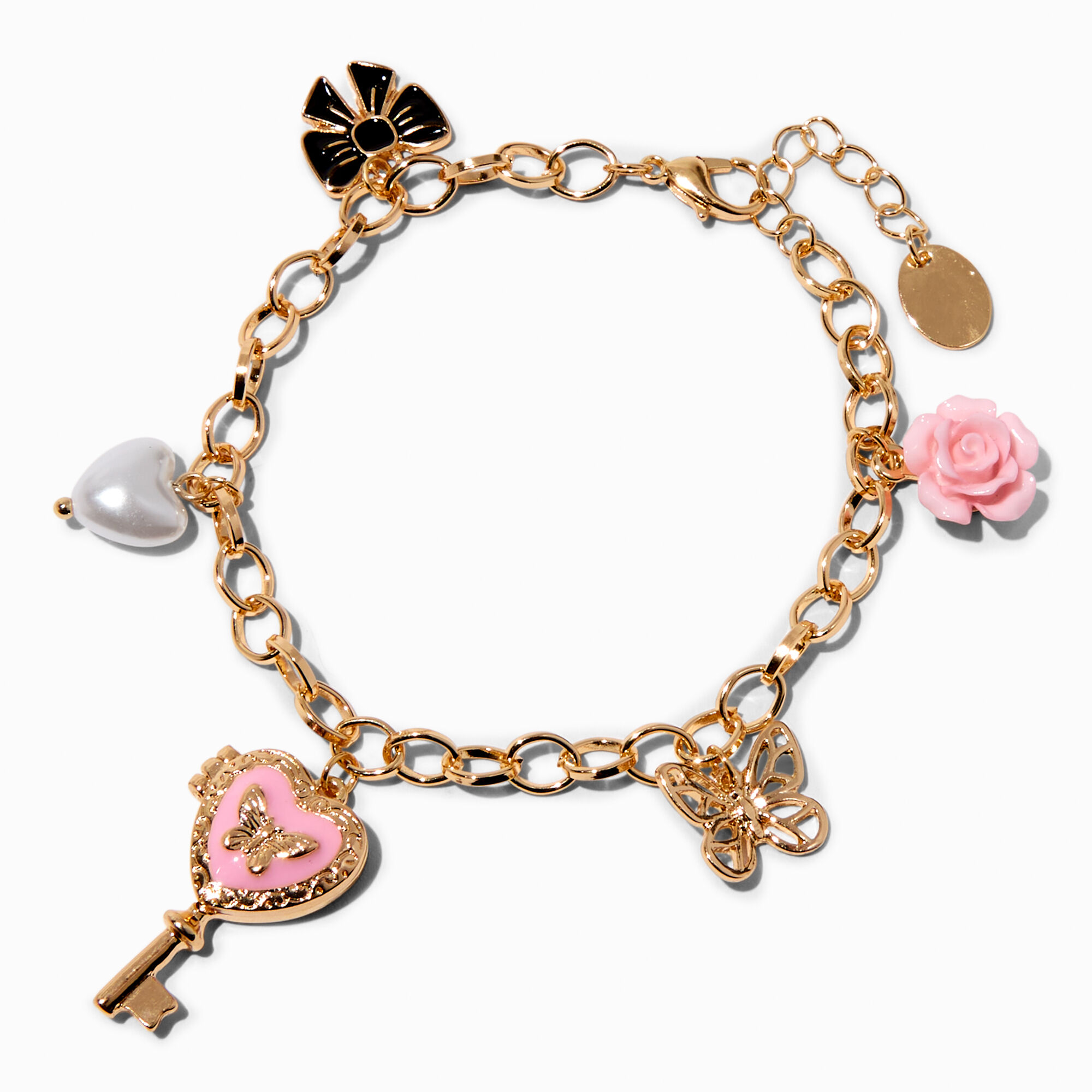Gold tone Butterfly Heart Key Locket Charm Bracelet Claire s US