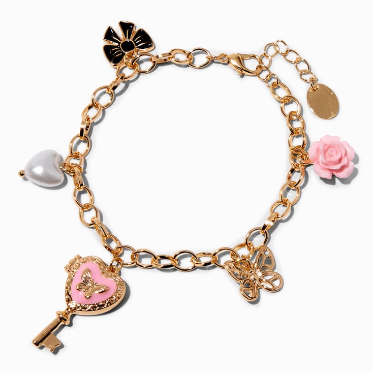 Gold-tone Butterfly Heart Key Locket Charm Bracelet