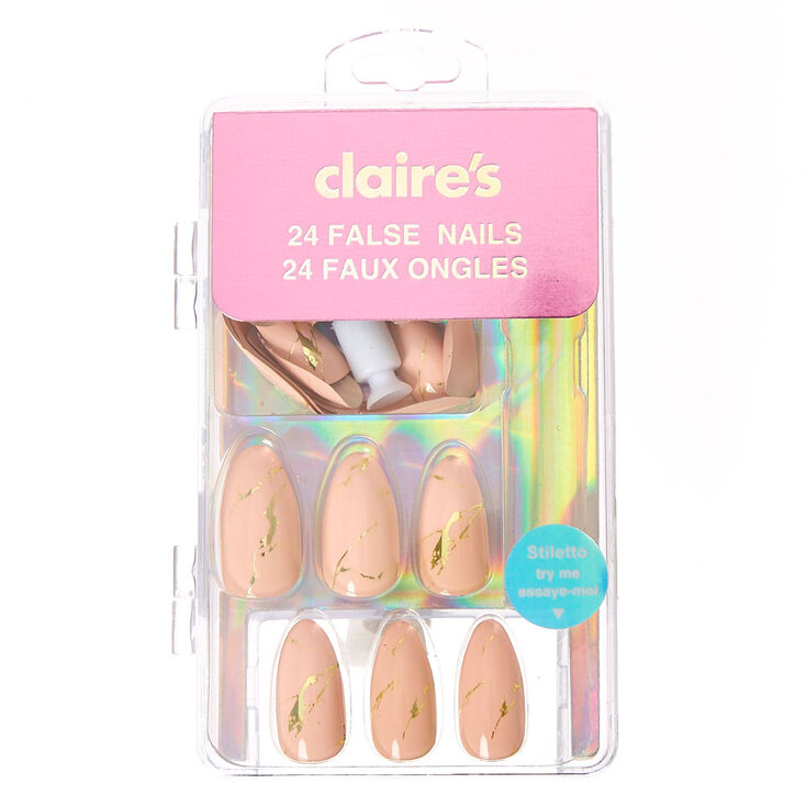 Gold Foil Marbled Stiletto Faux Nail Set - Nude, 24 Pack,