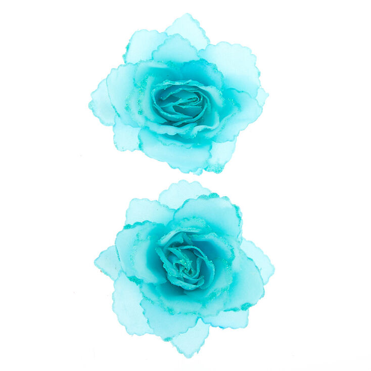 Glitter Flower Hair Clips - Turquoise, 2 Pack,
