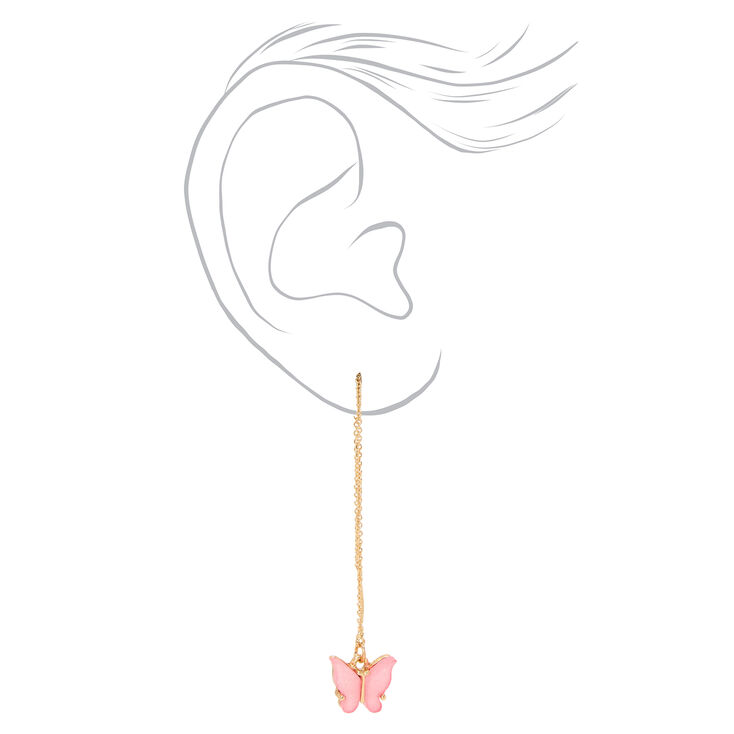 Gold 3&quot; Pink Butterfly Threader Drop Earrings,