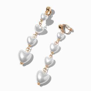 Gold-tone Puffy Heart Pearl Linear Clip-On Earrings ,
