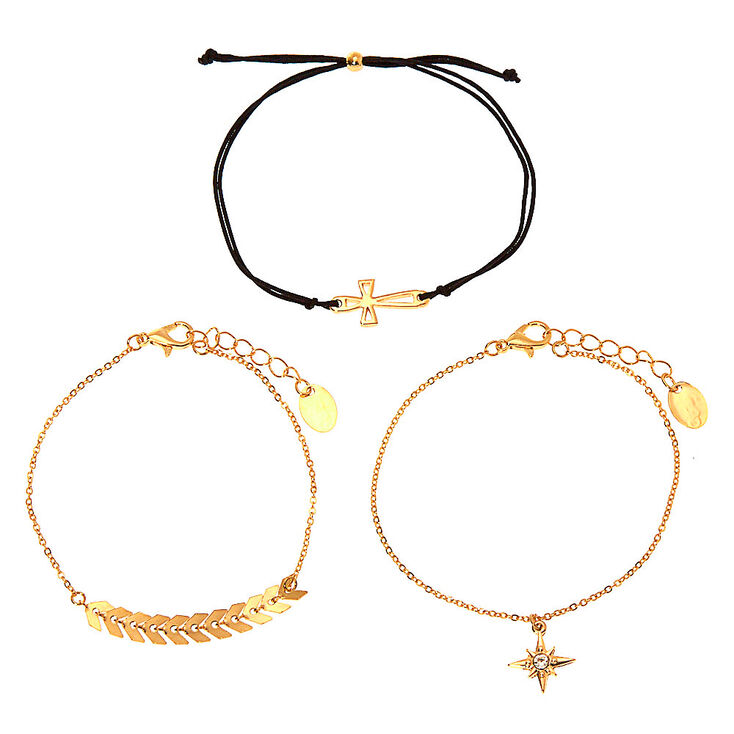 Gold Mixed Cross Star Symbol Bracelets - 3 Pack,