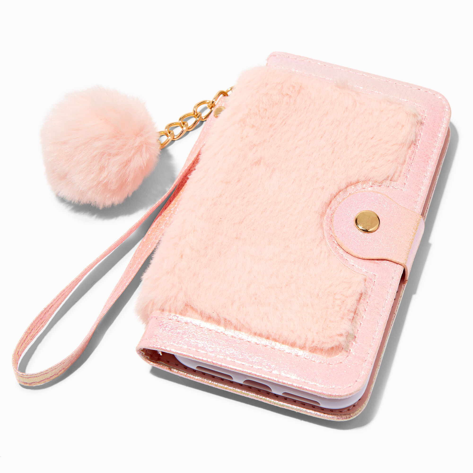 View Claires Furry Wristlet Phone Case Fits Iphone 11 Pink information