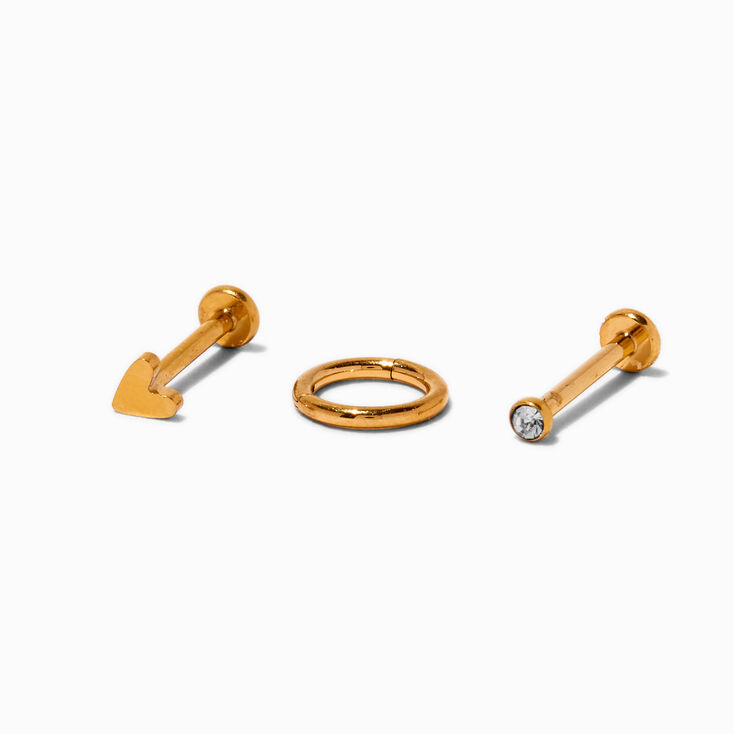 Gold-tone Titanium Cubic Zirconia 18G Stud &amp; Hoop Threadless Tragus Earrings - 3 Pack,