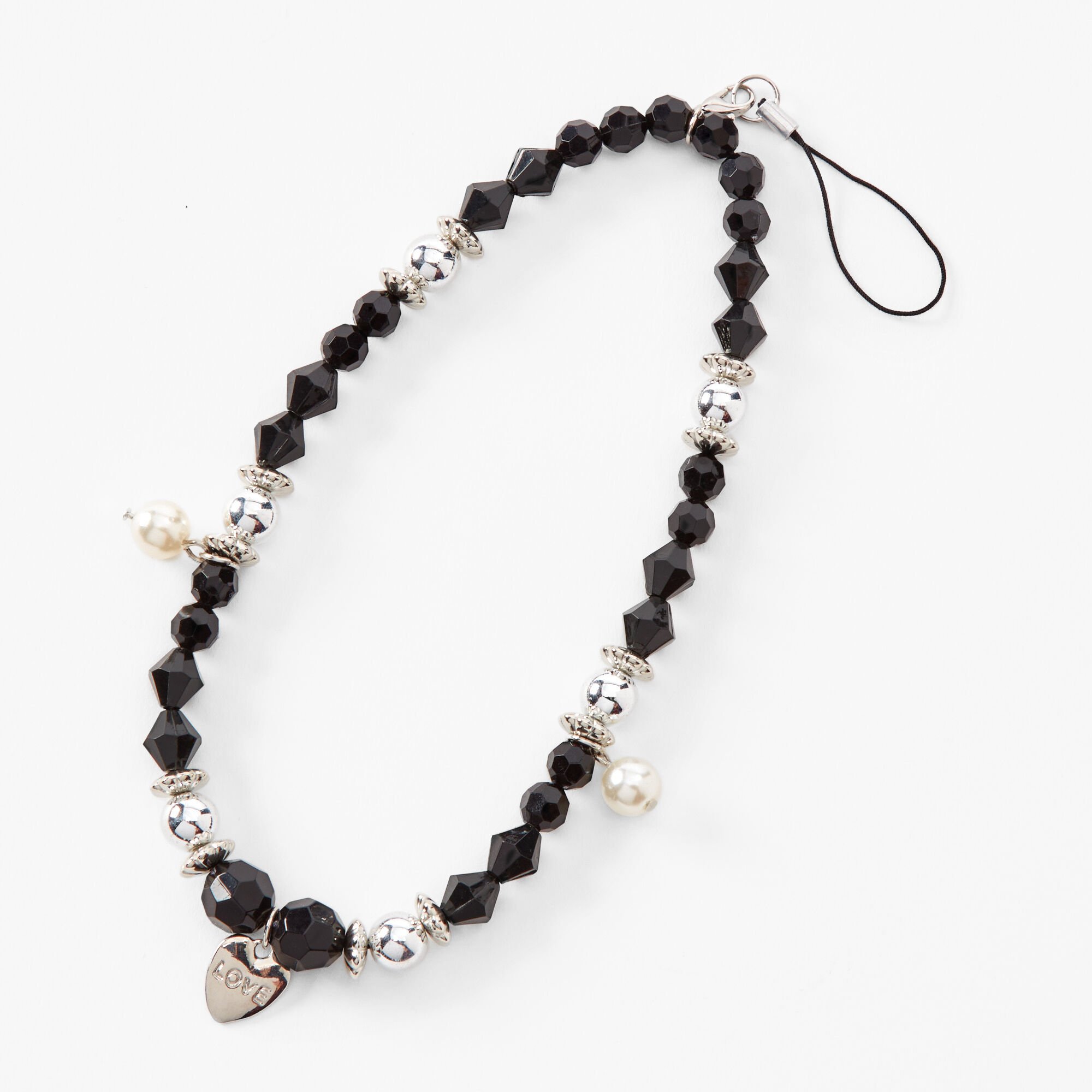 Black & Silver Beaded Love Phone Strap,