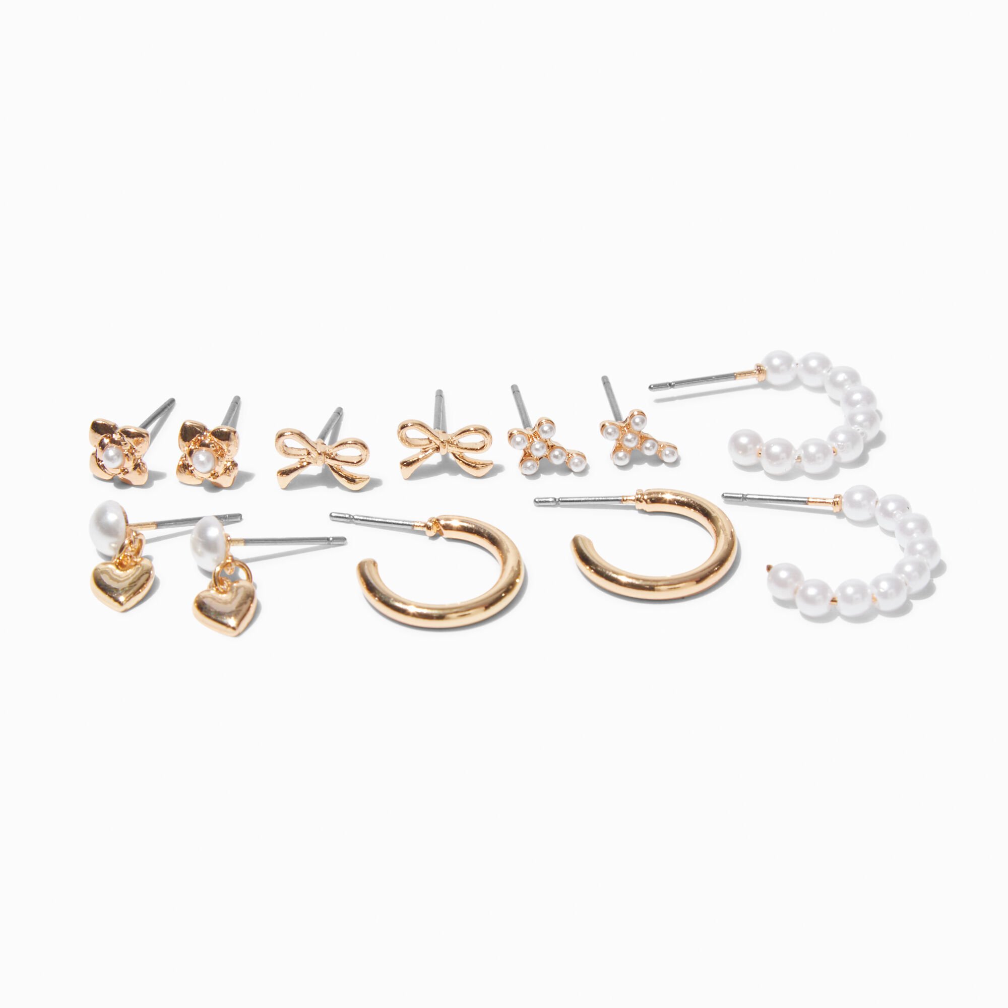 Gold-tone Bow & Pearl Mixed Stud & Hoop Earrings - 6 Pack,