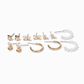 Cr&eacute;oles et clous d&#39;oreilles motifs vari&eacute;s perle d&#39;imitation et n&oelig;ud couleur dor&eacute;e - Lot de 6,