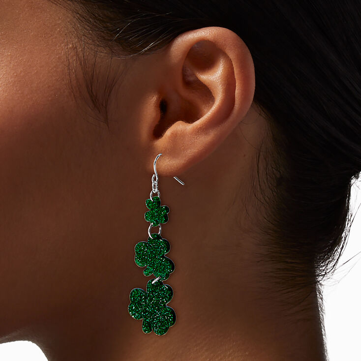 St. Patrick&#39;s Day Glitter Triple Shamrock Drop Earrings,