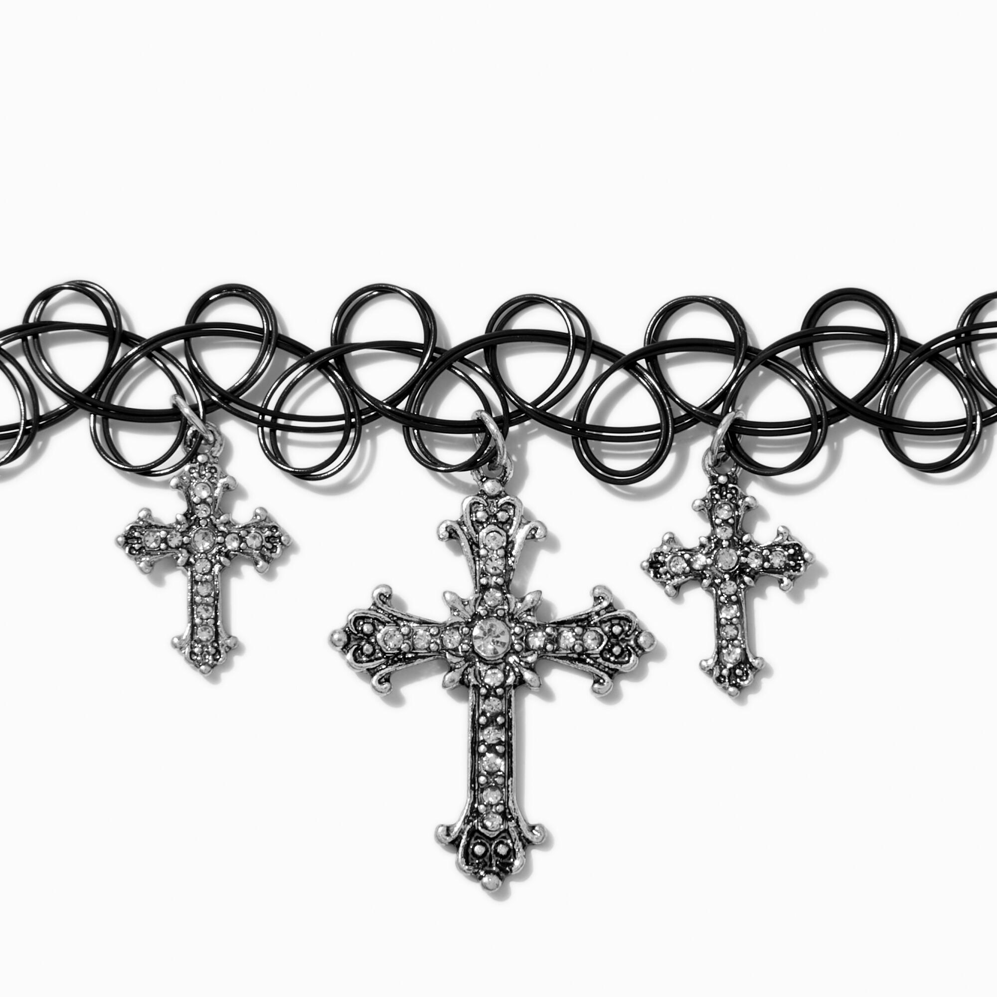 Silver-tone Cross Black Tattoo Choker Necklace,