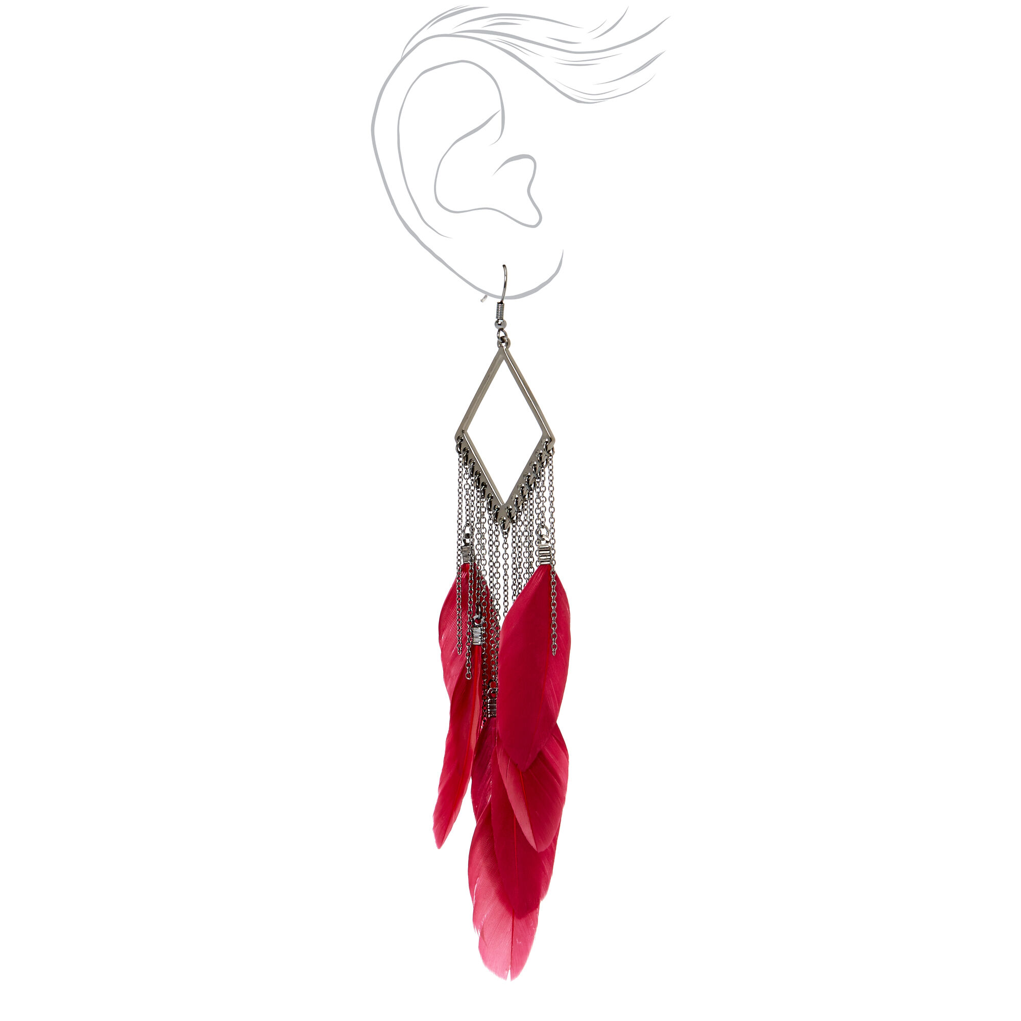 Hematite 5" Diamond Feather Drop Earrings - Red,