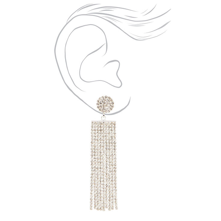 Silver Square Rhinestone Linear Fringe 3&quot; Drop Earrings,