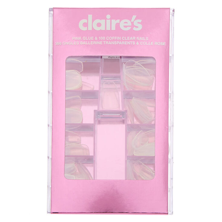 Glue On Coffin Faux Nail Set - Clear, 100 Pack,