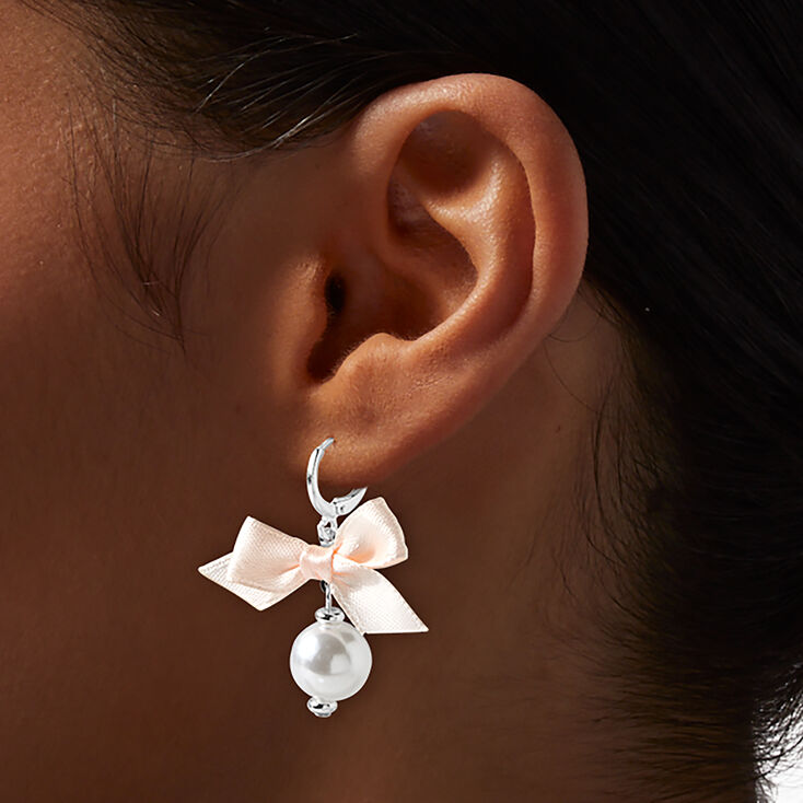 Pink Bow Pearl Charm Silver-tone Huggie Hoop Earrings,