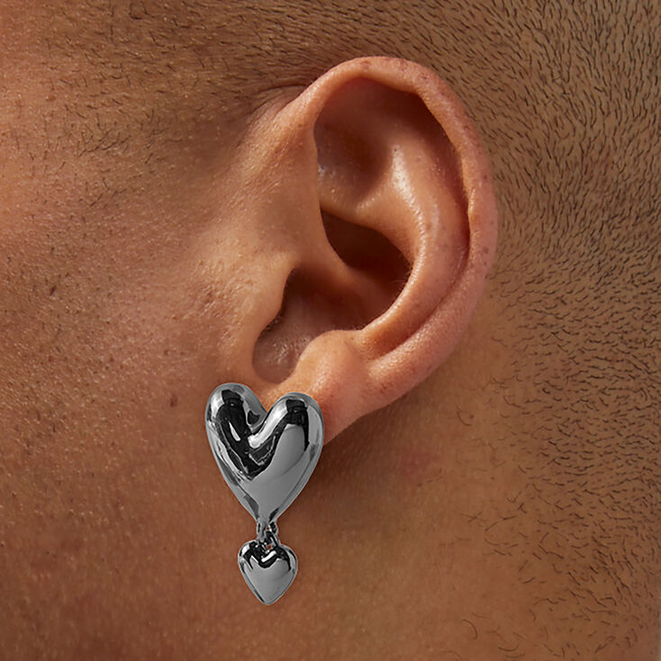Hematite Double Puffy Heart 1.5&quot; Drop Earrings ,