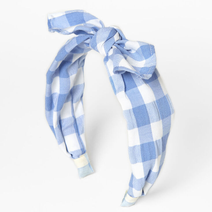 Blue Gingham Knotted Bow Headband,