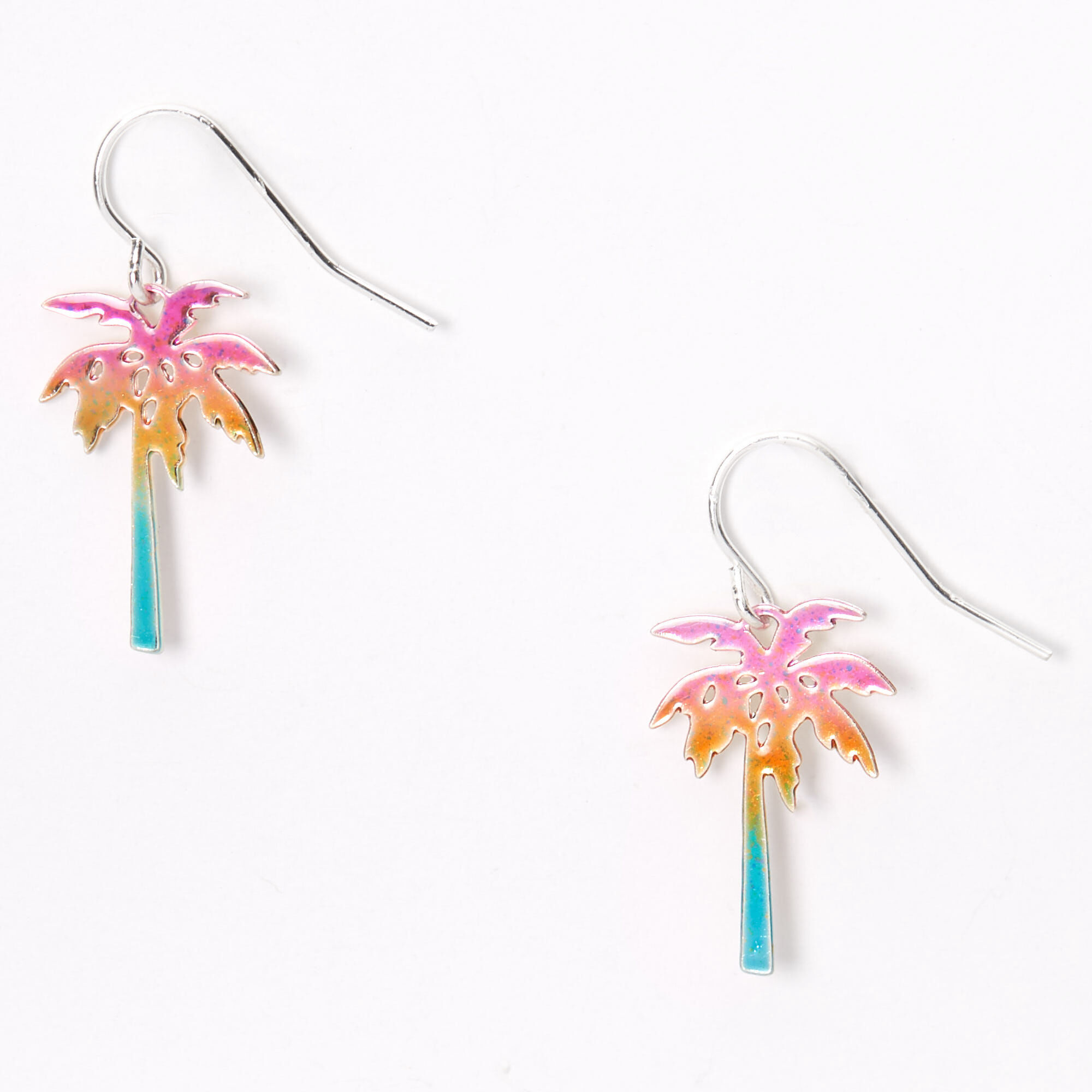 Silver 1" Anodized Rainbow Palm Tree Drop Earrings,