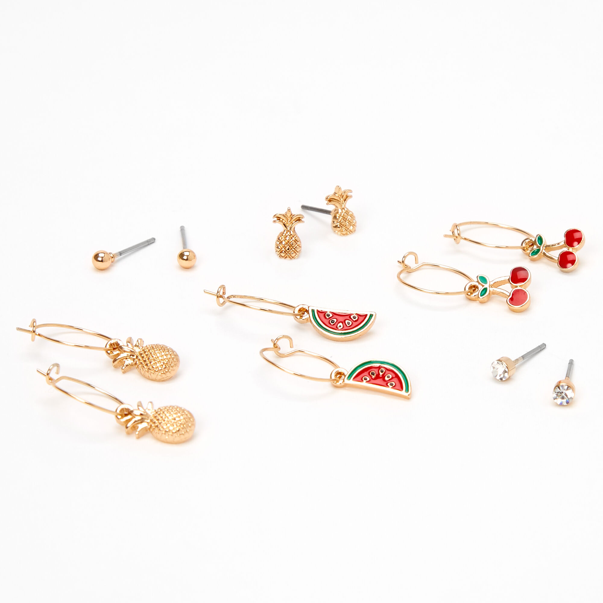 Gold Mixed Fruit Stud Hoop Earrings Red 6 Pack Claire s US