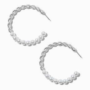 Silver-tone Twisted Pearl 50mm Hoop Earrings,