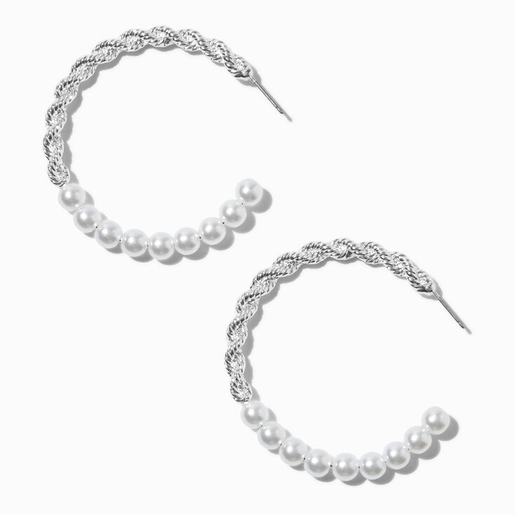 Silver-tone Twisted Pearl 50mm Hoop Earrings,