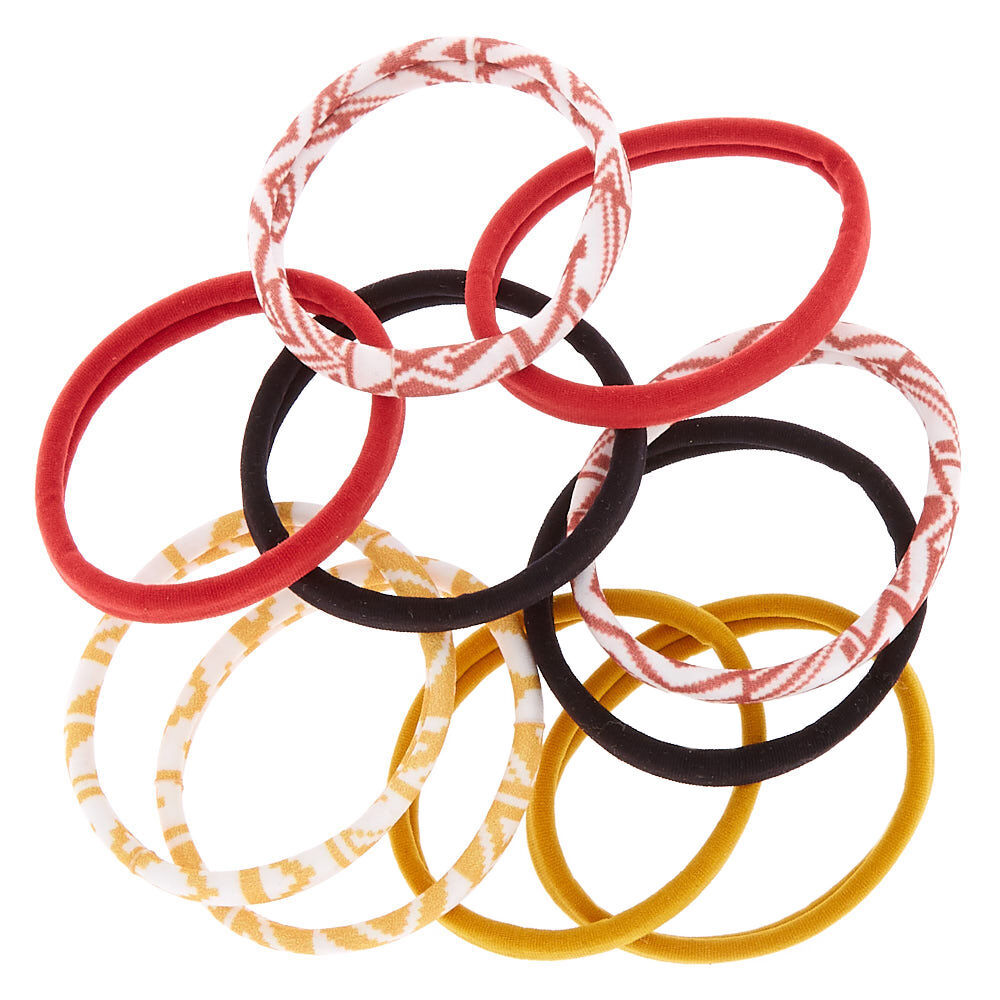 Geometric Print and Solid Hair Bobbles - Burgundy, 10 Pack,