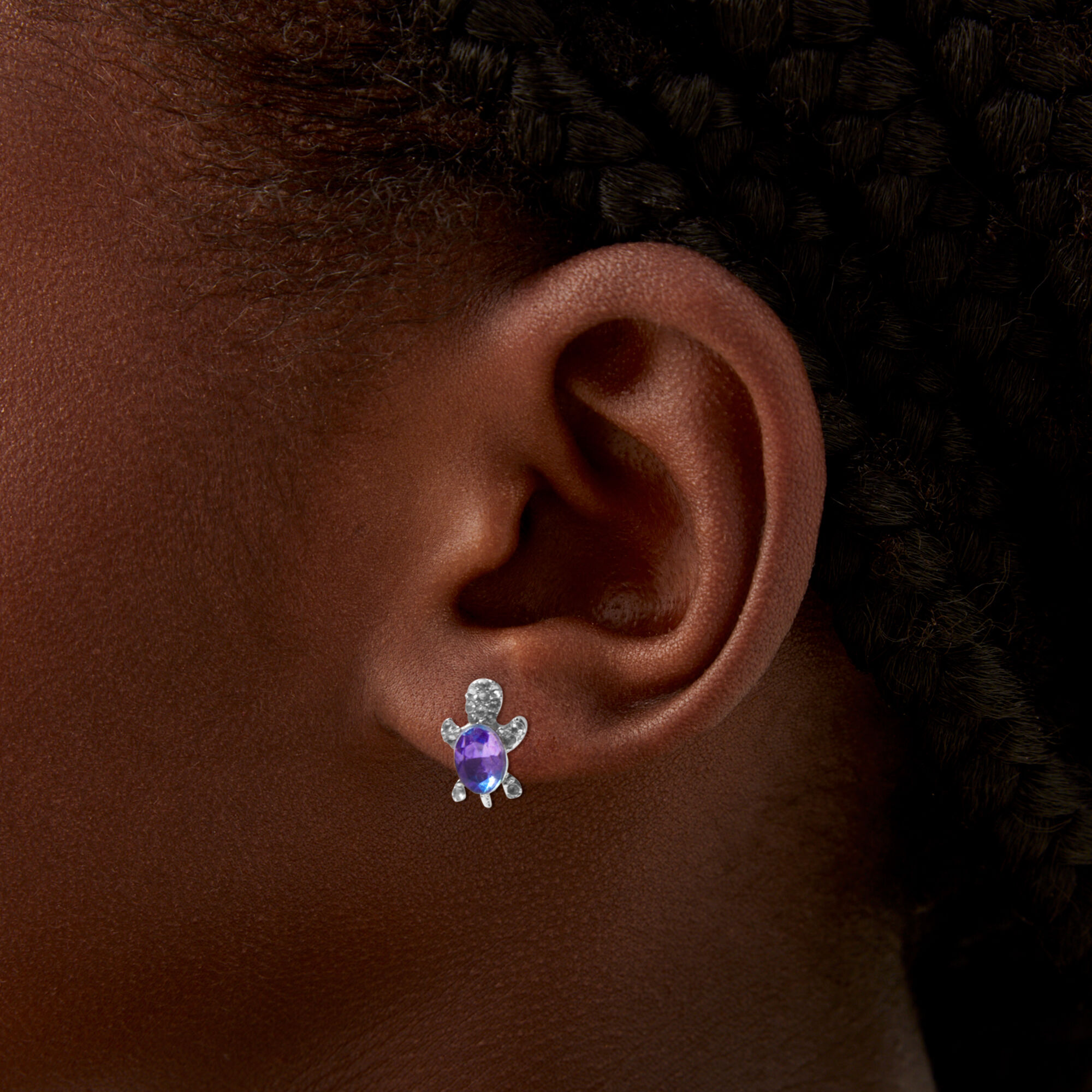 Boucles d'oreilles à clip pierres bleues et violettes tortue couleur argentée,