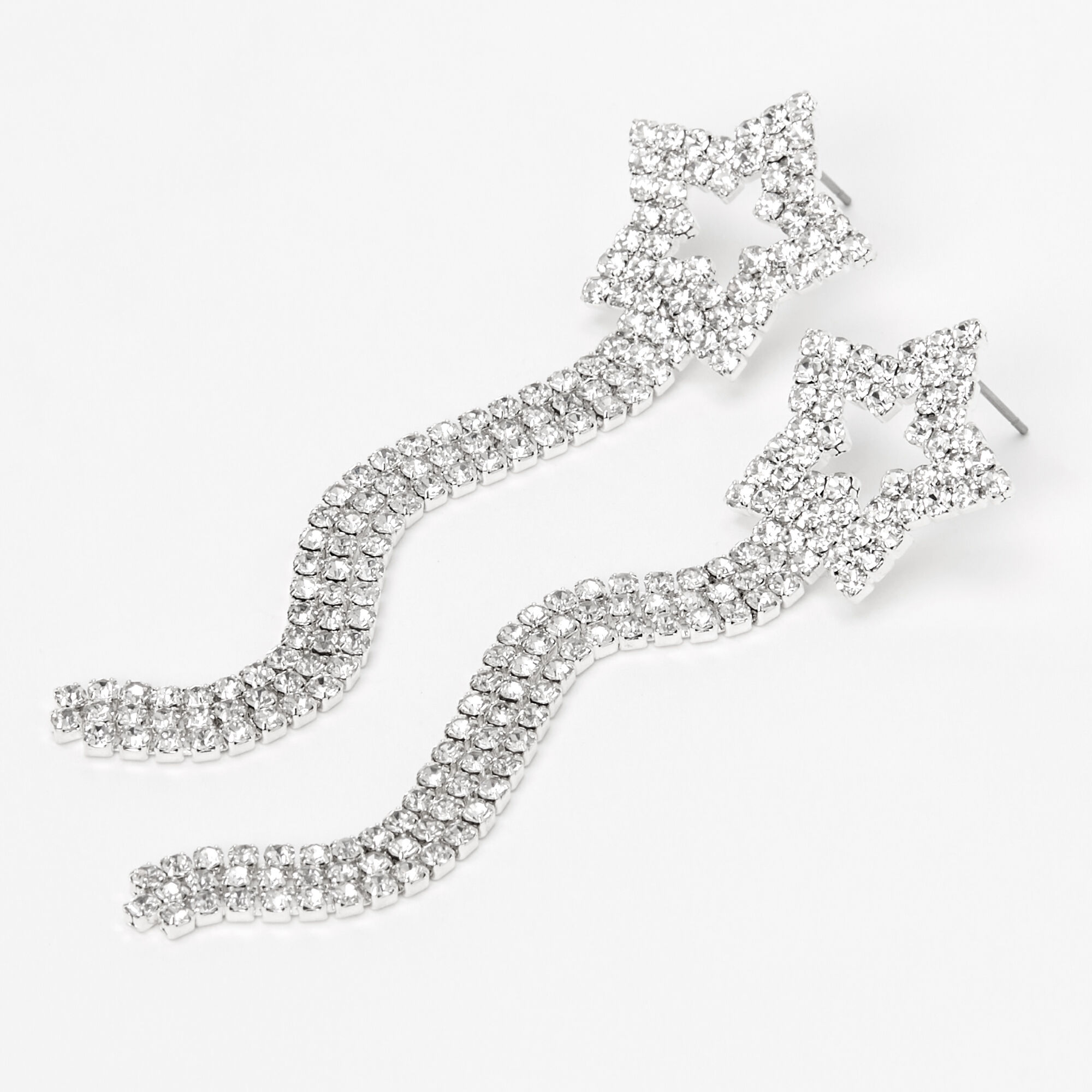 Silver 3" Shooting Star Rhinestone Drop Earrings,