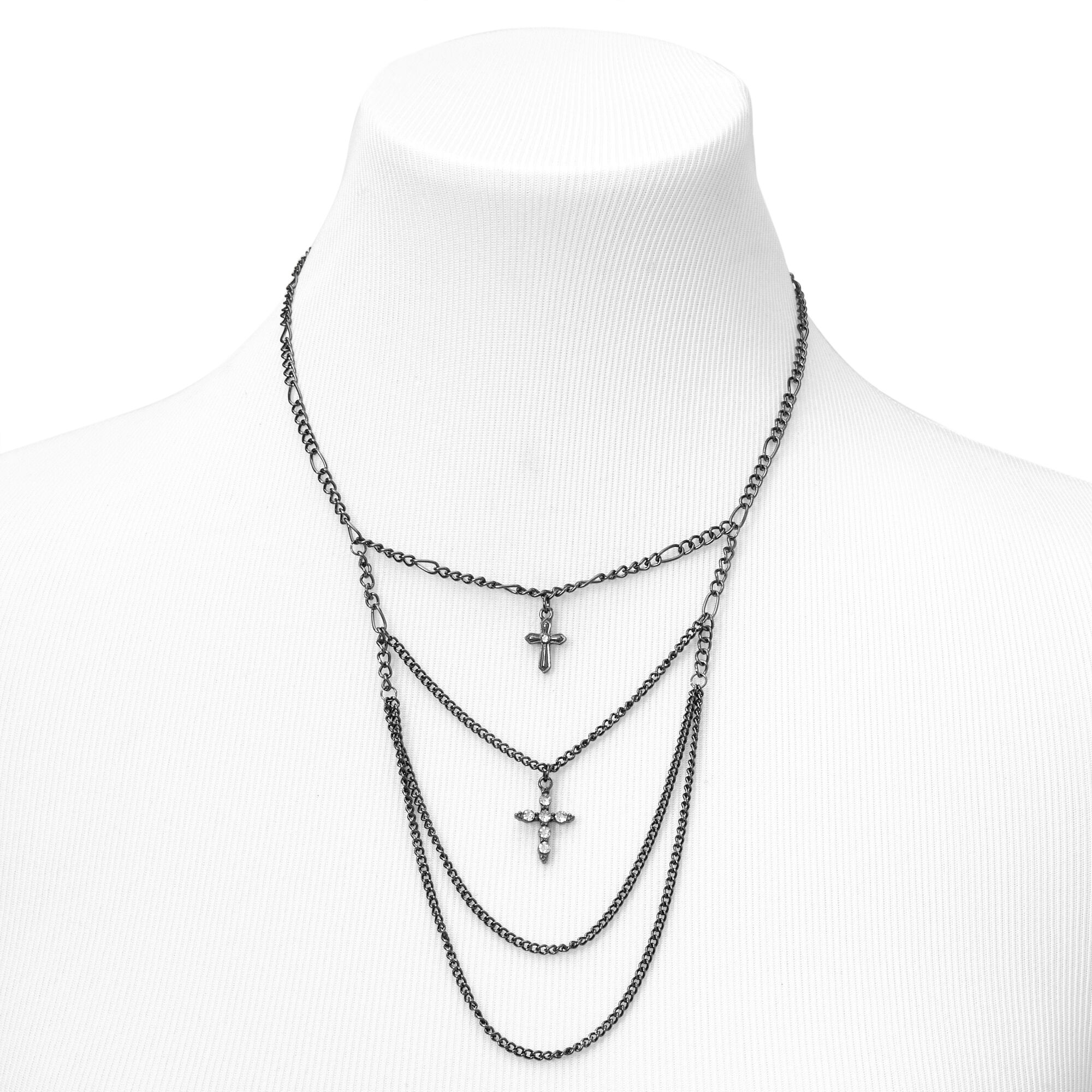 Embellished Crosses Hematite Multi Strand Pendant Necklace,