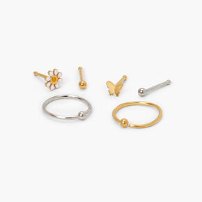 Mixed Metal Stainless Steel 20G Butterfly Daisy Mixed Nose Rings - 6 Pack,