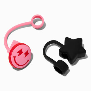 Pink Happy Face &amp; Black Star Straw Covers - 2 Pack,