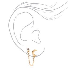 Gold Crescent Moon Crystal Connector Chain Stud Earrings,