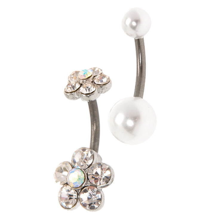 Claire's Piercing de nombril fleur en strass et perles d’imitation 14 g couleurs titané et argenté - Lot de 2