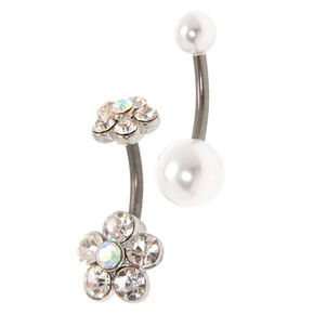 Silver Titanium 14G Pearl Crystal Flower Belly Rings - 2 Pack,