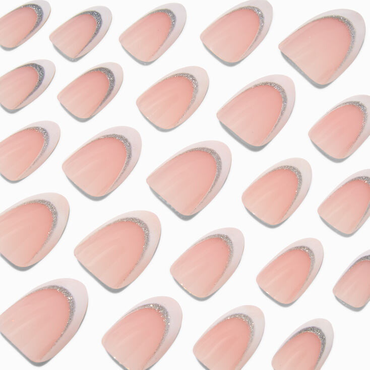 French Tip Glitter Short Almond Vegan Faux Nail Set - 24 Pack,