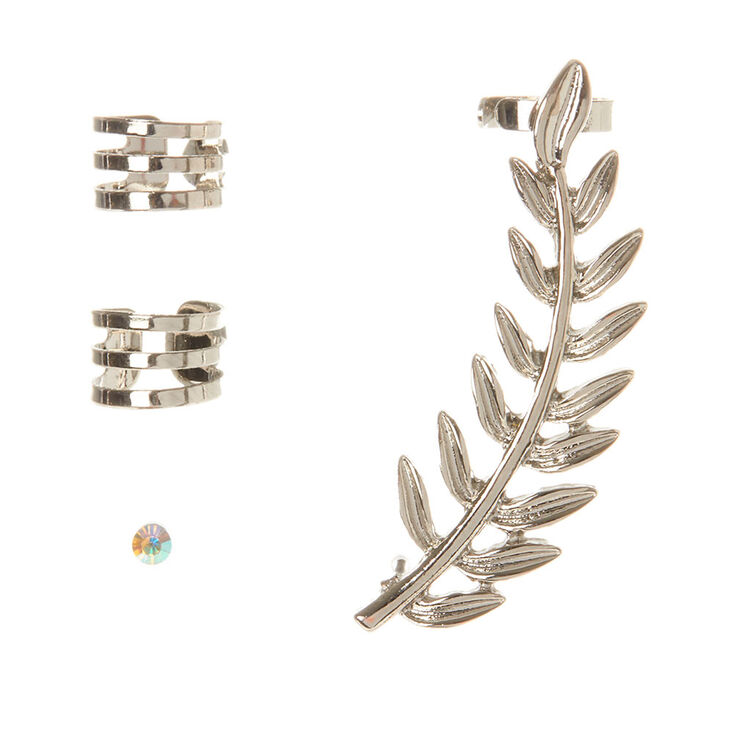 Silver Leaf Ear Cuff &amp; Stud Earring Set - 4 Pack,