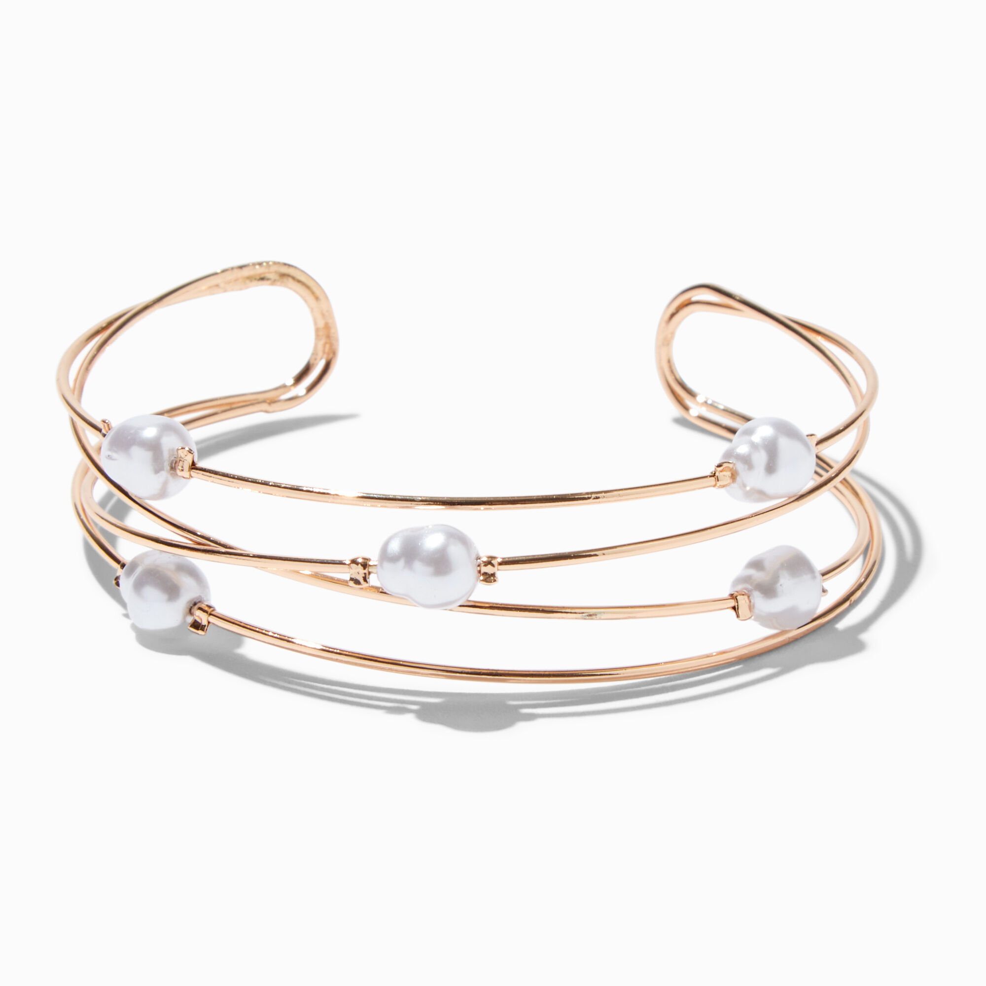 View Claires Tone Pearl Station Wire Cuff Bracelet Gold information