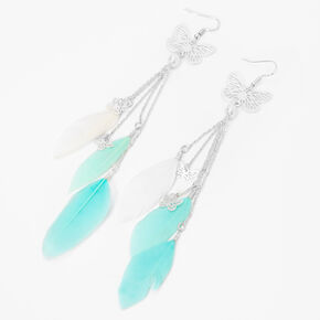 Silver 5&quot; Butterfly Turquoise Feather Drop Earrings,