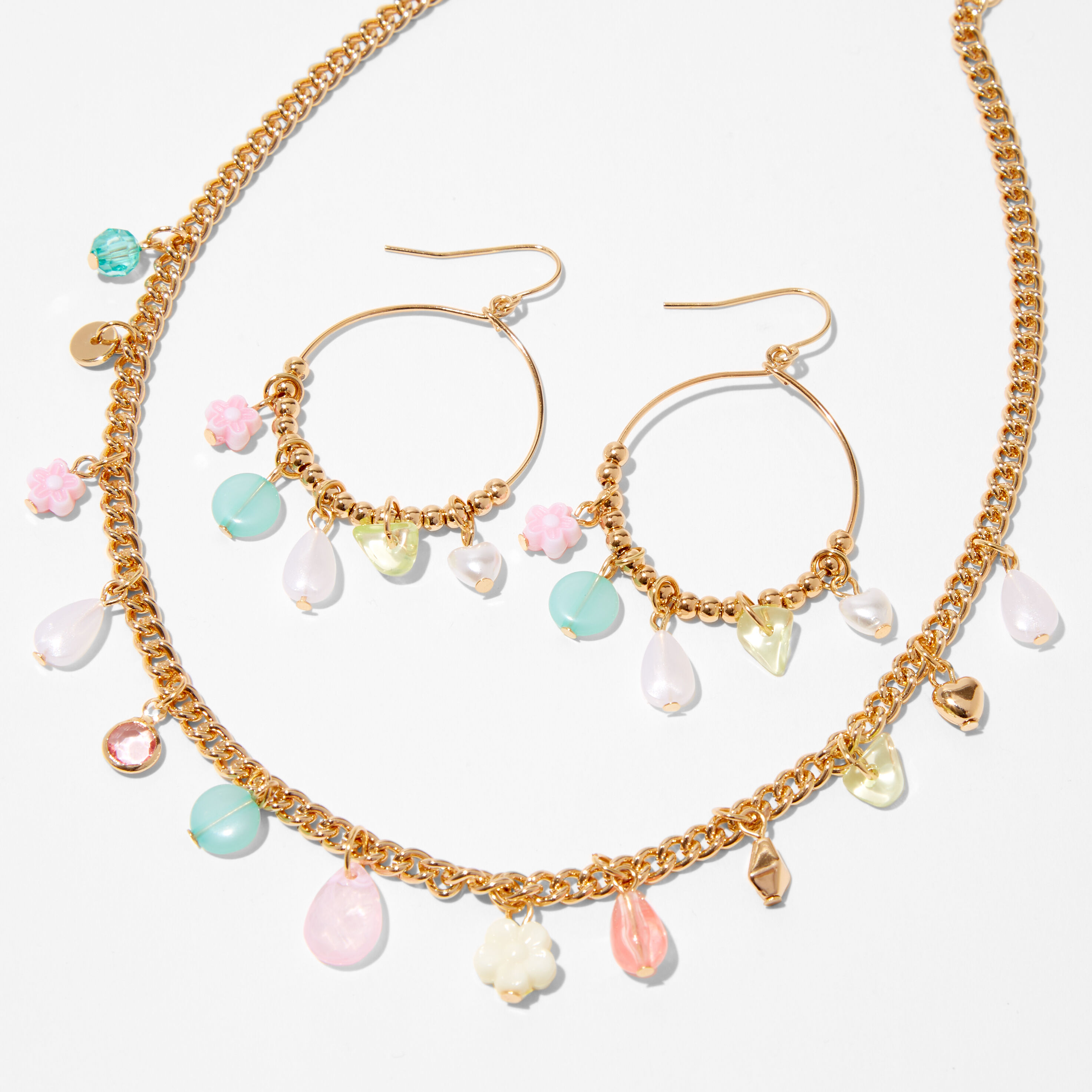 Gold Cabana Charm Necklace & Hoop Earrings - 2 Pack,