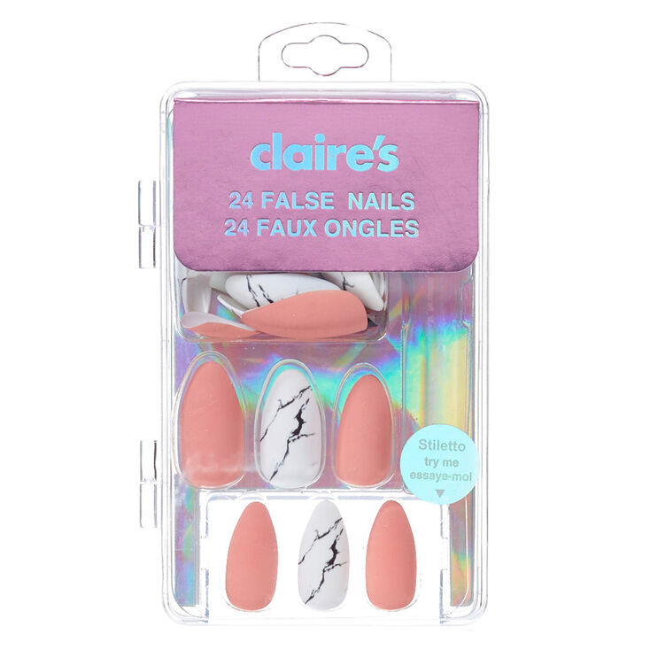 Blush White Marble Stiletto Faux Nail Set 24 Pack Claire S Us