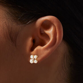 Enamel White Pearl Flower Stud Earrings,