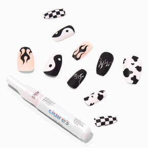 Faux ongles vegan ballerine Yin Yang noirs et blancs - Lot de 24,