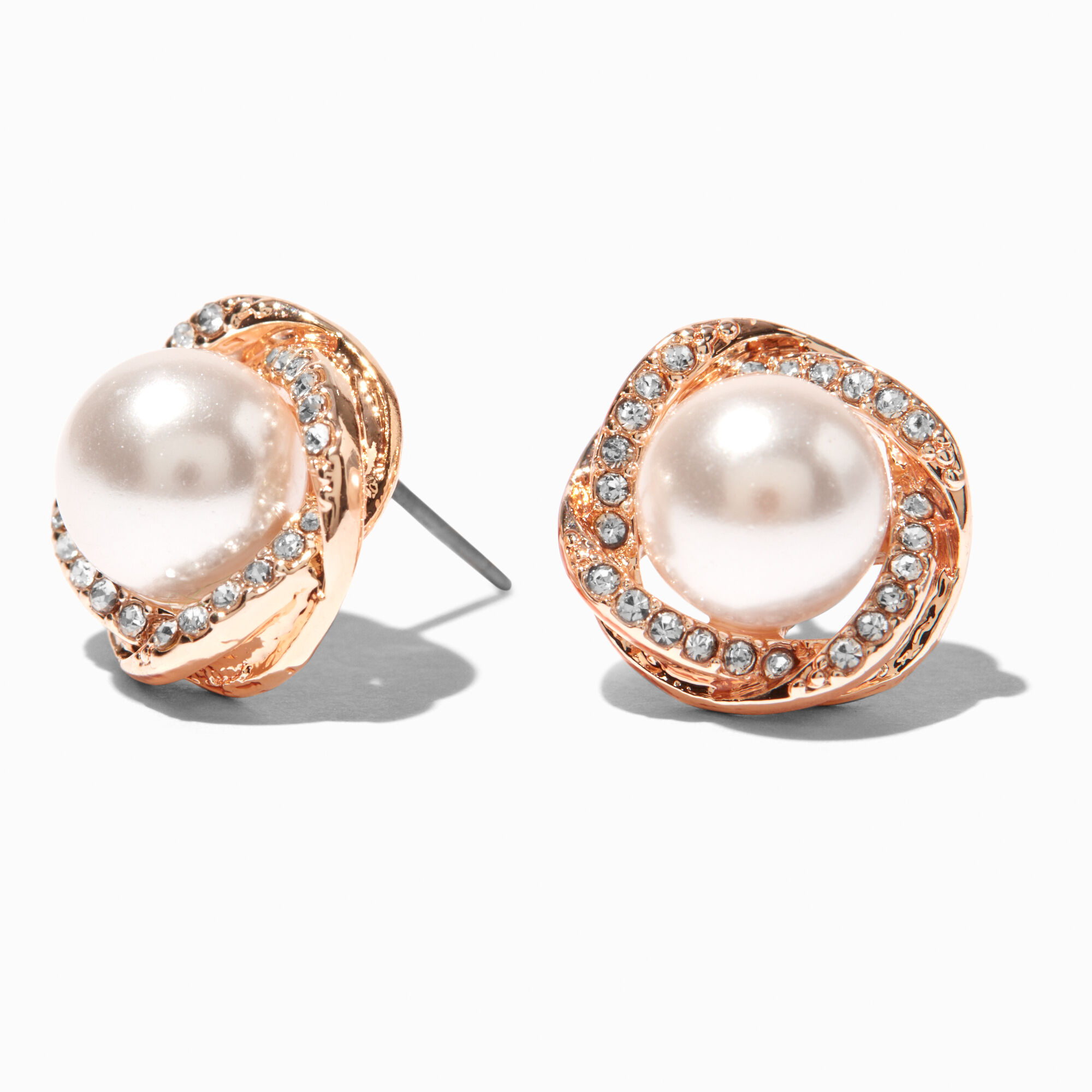 View Claires Tone Pearl Crystal Halo Stud Earrings Rose Gold information