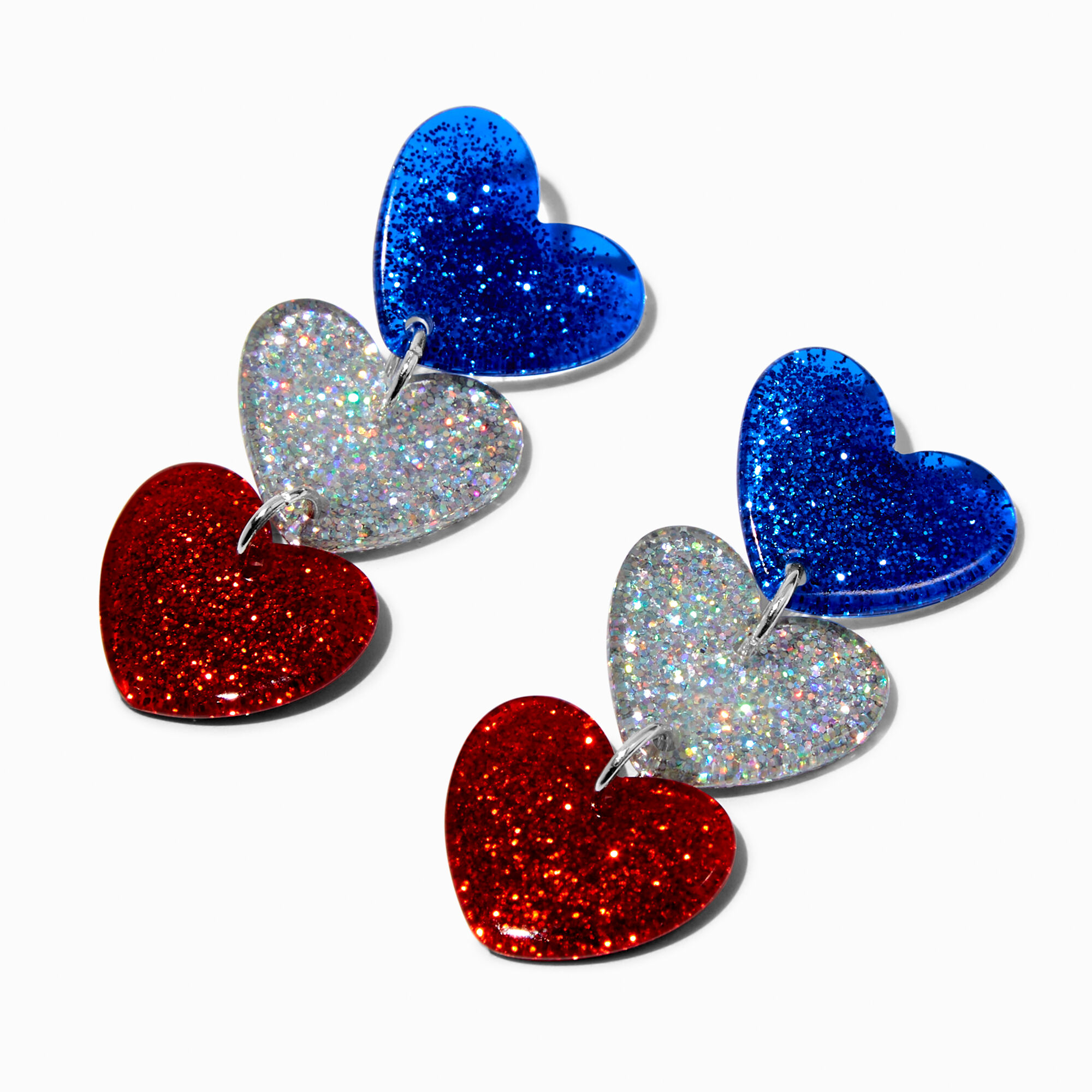 View Claires Blue White Glitter Heart Trio Drop Earrings Red information