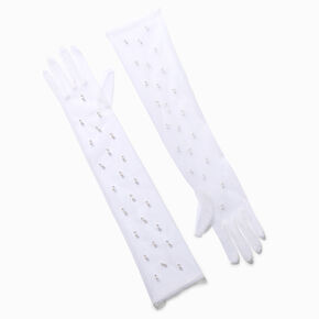 Pearl Studded Sheer Long White Gloves,