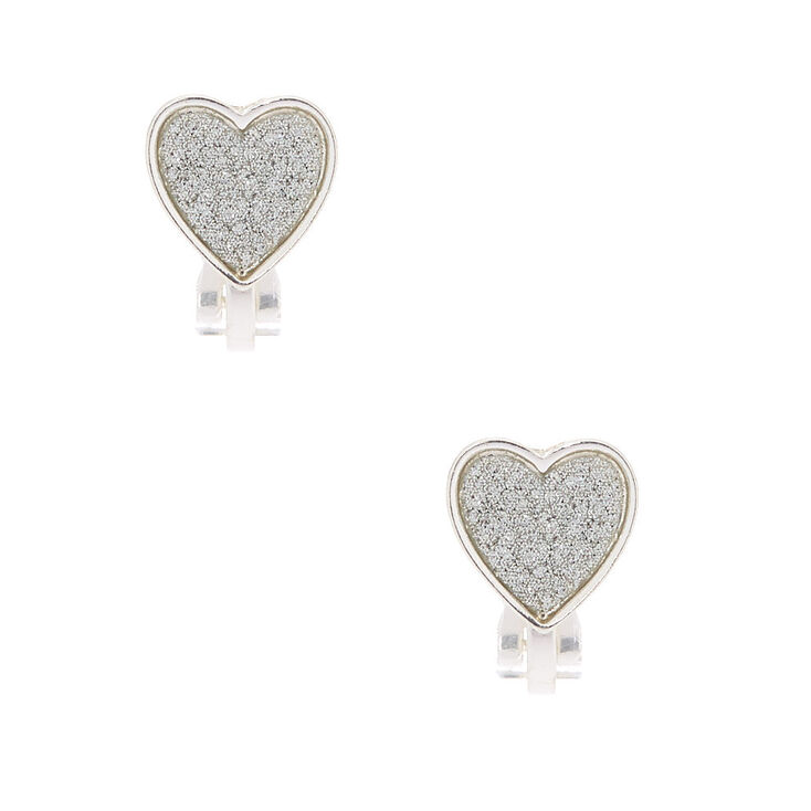 Silver Glitter Heart Clip-On Earrings,