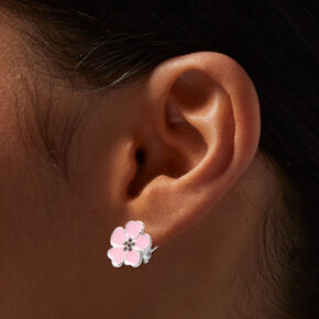 Pink Flower Clip-On Stud Earrings ,