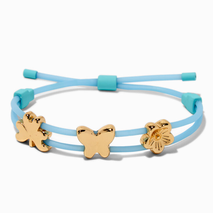 Gold-tone Clover, Flower &amp; Butterfly Charm Blue Bolo Bracelet,
